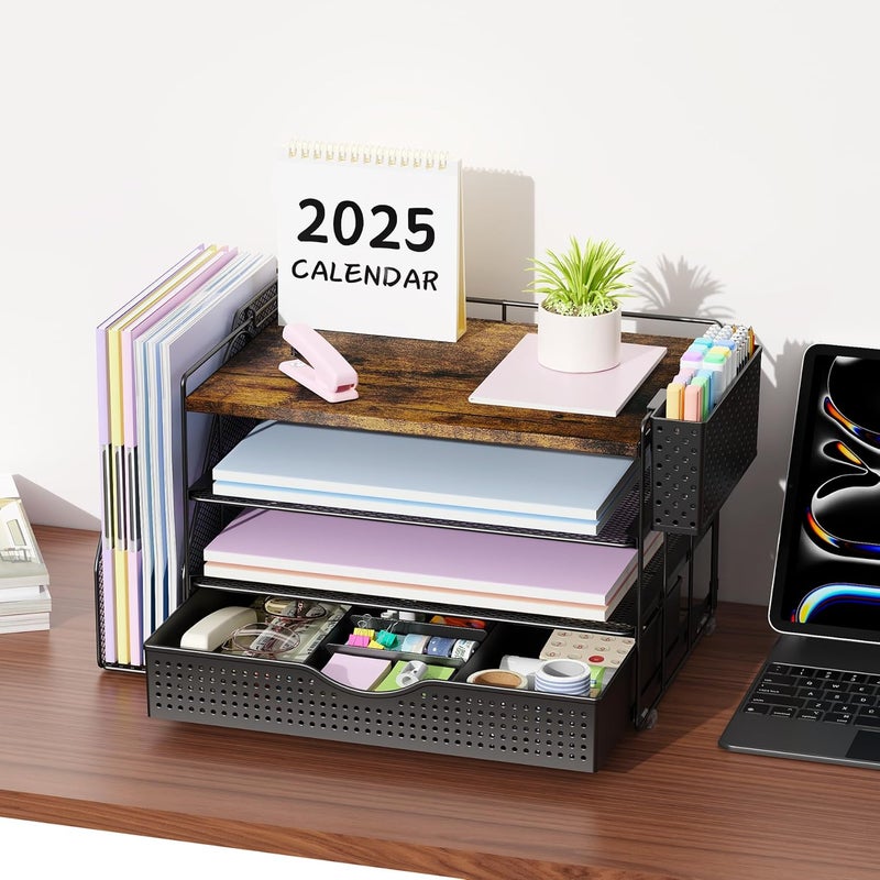 gianotter Wood Desk Organizers and Accessories with File Holder, 4-Tier Desk Accessories & Workspace Organizers with Drawer and Pen Holder, Paper Organizer for Office Supplies (Wood) - Image 5